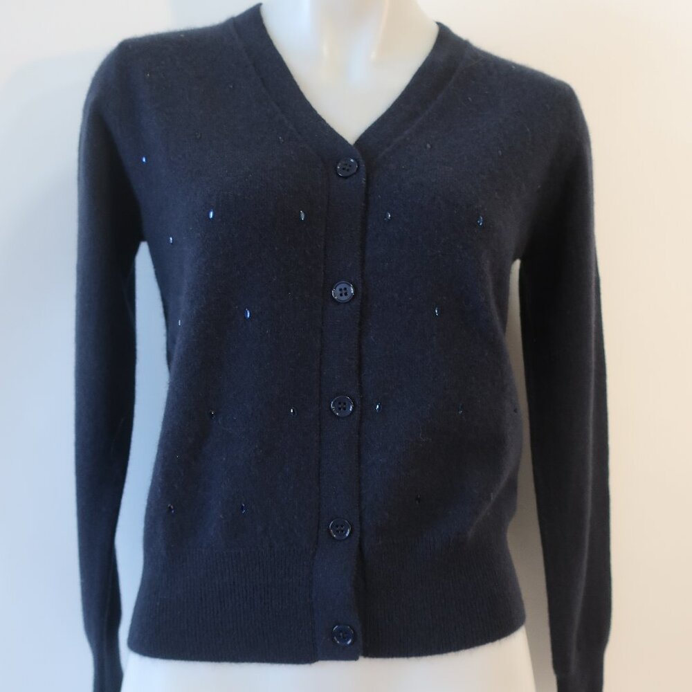 NWT Womens Estheme Navy Pure Cashmere V-Neck Rhinestone Cardigan Sweater XS